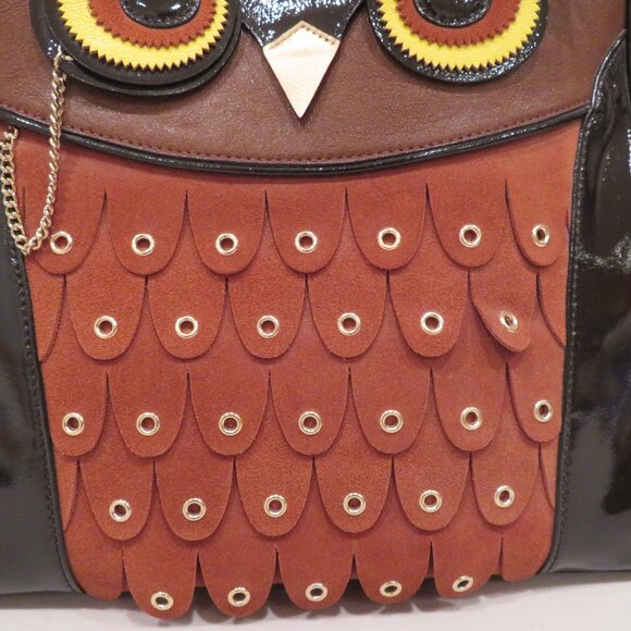 Women Handheld Brown Owl Patent Leather Suede Purse Bag Kate Spade Maximillian - Picture 3 of 16